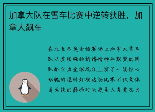 加拿大队在雪车比赛中逆转获胜,加拿大飙车