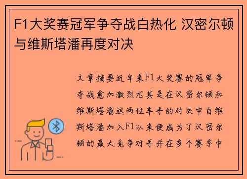 F1大奖赛冠军争夺战白热化 汉密尔顿与维斯塔潘再度对决