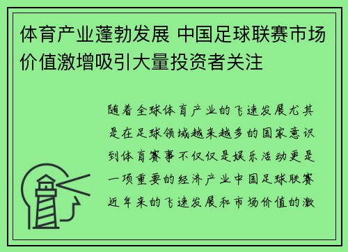 体育产业蓬勃发展 中国足球联赛市场价值激增吸引大量投资者关注