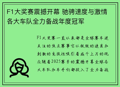 F1大奖赛震撼开幕 驰骋速度与激情 各大车队全力备战年度冠军