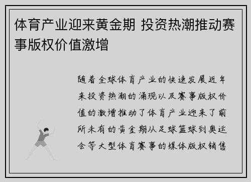 体育产业迎来黄金期 投资热潮推动赛事版权价值激增