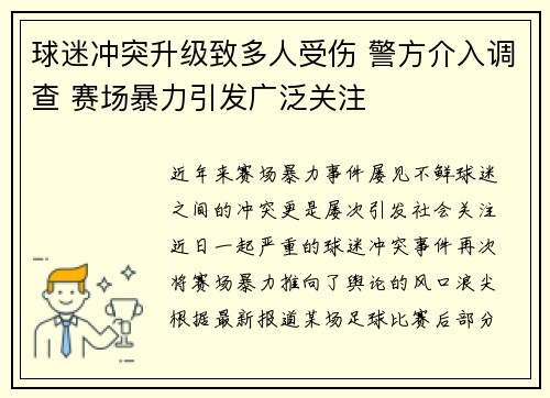 球迷冲突升级致多人受伤 警方介入调查 赛场暴力引发广泛关注