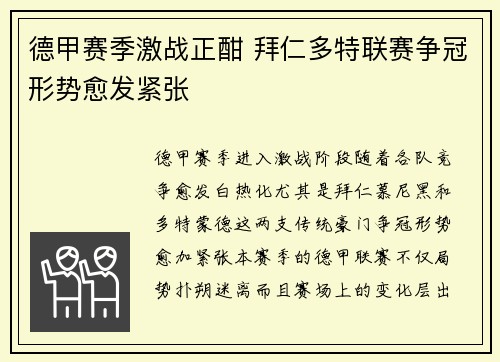 德甲赛季激战正酣 拜仁多特联赛争冠形势愈发紧张