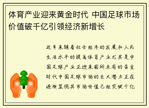 体育产业迎来黄金时代 中国足球市场价值破千亿引领经济新增长